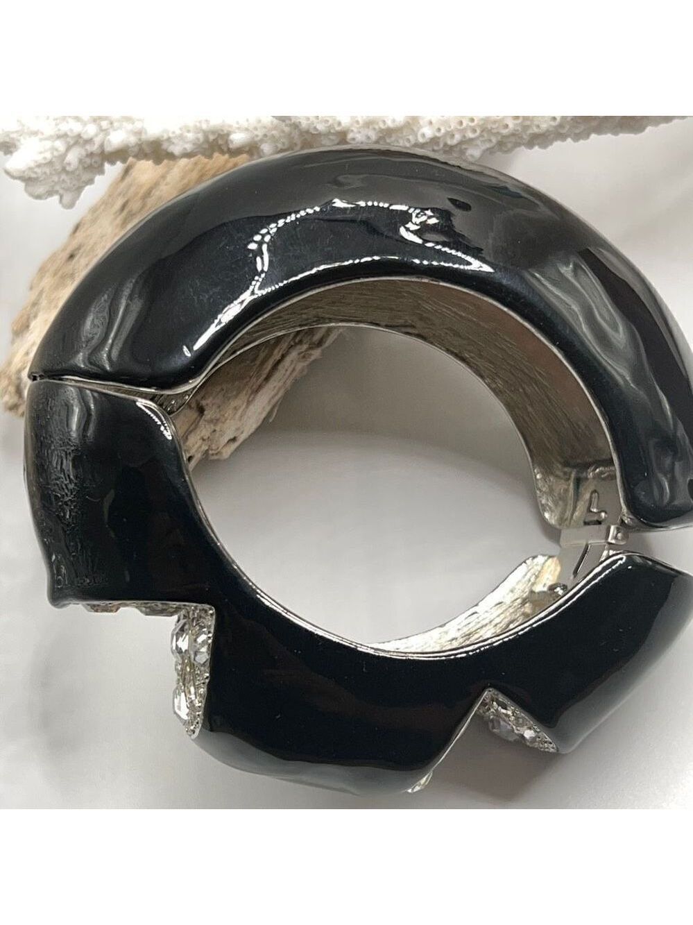 Black & Crystal Inset Dome Hinged Bangle Bracelet